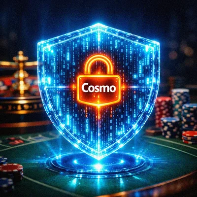 Glowing cyber-shield and padlock over a casino table